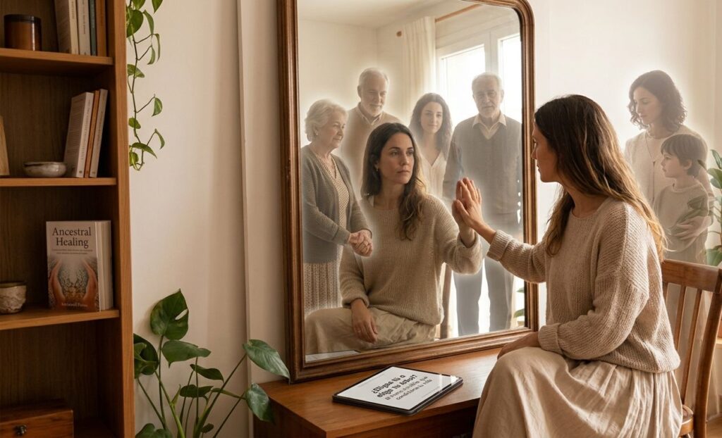Fotografía de una mujer sentada ante un espejo, mirando su reflejo que muestra a sus antepasados (padres y abuelos). Está de espaldas a los niños, lo que simboliza el cambio de perspectiva de la historia familiar a la conexión con las generaciones futuras. La imagen refleja la sanación de patrones familiares e historias heredadas.