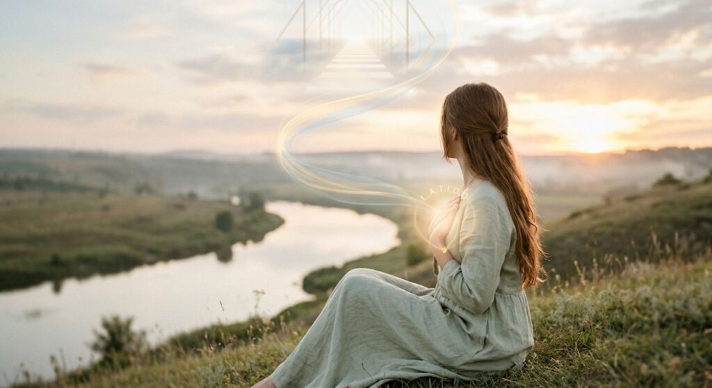 Mujer meditando frente a un río, sintiendo el latido de su corazón y canalizando energía espiritual hacia el cielo