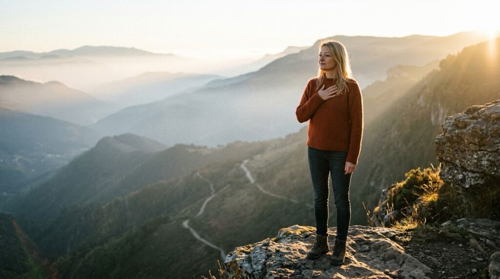 Mujer con la mano en el pecho en la cima de una montaña al amanecer, lista para dar el primer paso.