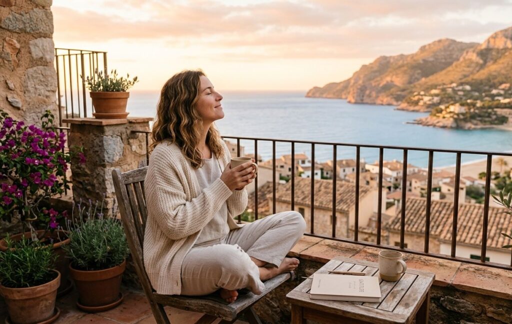 Mujer sonriendo relajada con una taza de café en una terraza frente al mar, practicando la gratitud diaria.