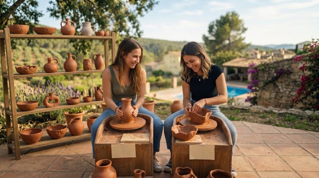 Dos mujeres moldeando cerámica en tornos al aire libre, representando el concepto de hacerlo a mi manera.