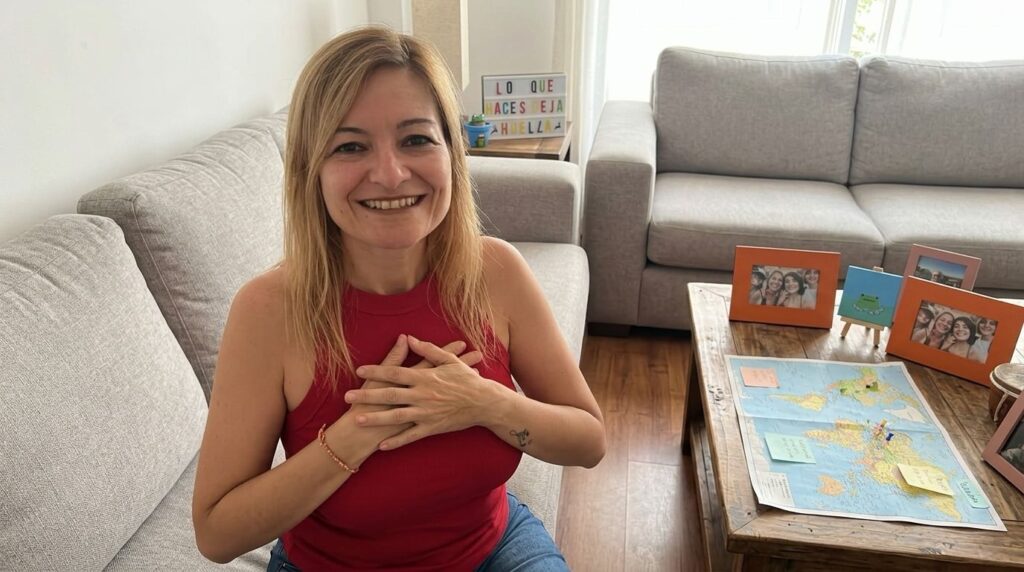 Mujer sonriente con las manos en el pecho en el salón de su casa, reflejando el aprendizaje de qué quiere mostrarme la vida.