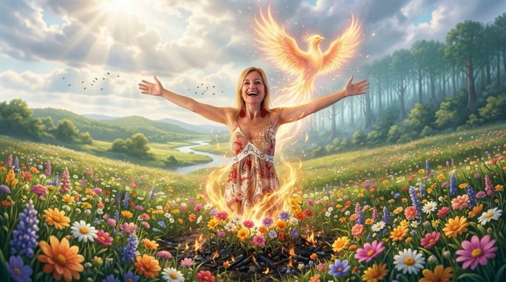 Mujer sonriente con los brazos abiertos emergiendo entre llamas junto a un ave fénix de fuego, representando el renacer de tus propias cenizas.