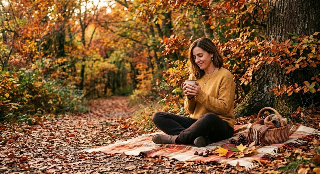 Mujer sentada en un bosque de otoño tomando una bebida caliente, lista para transitar el cambio de estación desde la conciencia.