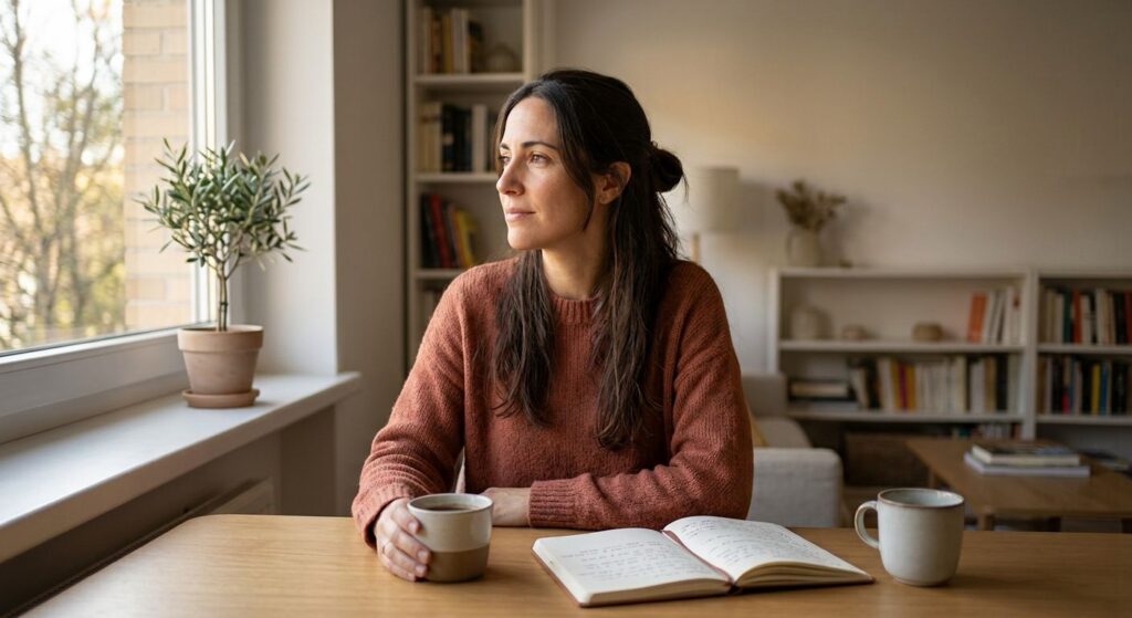 Mujer reflexiva junto a una ventana con libreta y café, practicando el arte de aceptar por que intentar cambiar a los demas te agota.